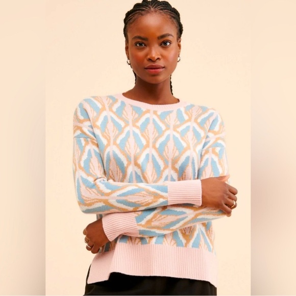 Laundry By Shelli Segal Sweater XL | Jacquard Leaf Knit Blush Teal Camel - Picture 1 of 15
